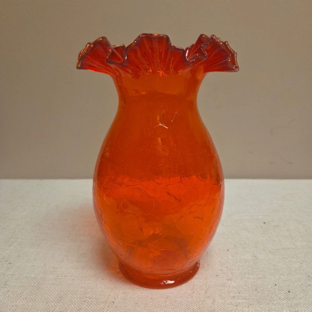 Vintage Orange Crackle Glass Vase Ruffled Rim Mid Century Modern Art Glass